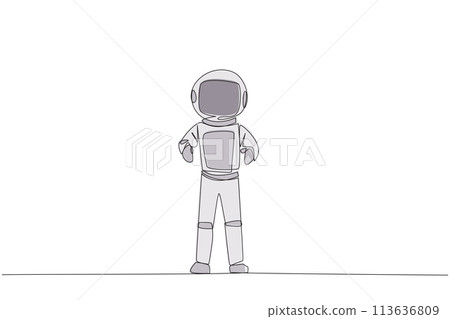 Single continuous line drawing young astronaut standing straight. Survive inflation and pandemics. Looking to the future of business is full of hopes of success. One line design vector illustration 113636809
