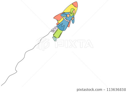 Single continuous line drawing Arabian businesswoman flying with rocket. Desire to take the business to the skies. Successful entrepreneur. The great businesswoman. One line design vector illustration 113636838