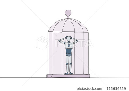 Single continuous line drawing tired robot trapped in the cage standing frustrated holding head. Anxiety caused cannot move freely. Confined. Imprisoned. AI tech. One line design vector illustration Single continuous line drawing tired robot trapped in the cage standing frustrated holding head. Anxiety caused cannot move freely. Confined. Imprisoned. AI tech. One line design vector illustration 113636839