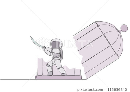 Single one line drawing young astronaut trapped in the cage holds samurai. Expression of anger over the limitations that shackle. Seek freedom at any cost. Continuous line design graphic illustration 113636840