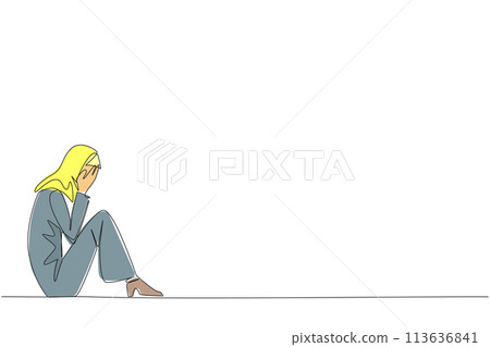 Single continuous line drawing Arabian businesswoman sitting while covering face. Sad businesswoman bemoans the fate of business. Failure to develop business unit. One line design vector illustration 113636841
