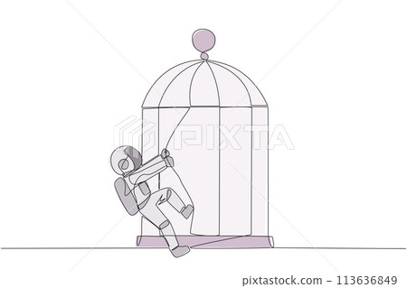 Single continuous line drawing young astronaut pull the iron bars until dented. Describes anger. The cosmonaut expressing disappointment. Unhappy. Exasperated. One line design vector illustration Single continuous line drawing young astronaut pull the iron bars until dented. Describes anger. The cosmonaut expressing disappointment. Unhappy. Exasperated. One line design vector illustration 113636849