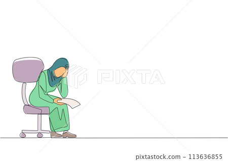 Single continuous line drawing sad Arab businesswoman sit limply in chair. Pensively holding piece of bill paper. The large of receivables, business will collapse. One line design vector illustration 113636855