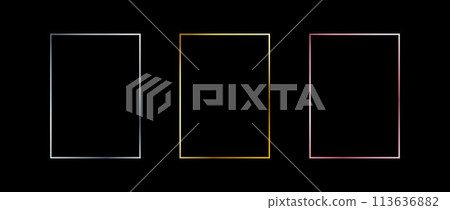 Silver, golden and rose gold thin frames. Shiny art deco rectangle borders set. Thin line glowing grey, yellow and pink boarder element collection. Vector bundle for Christmas, birthday decor pack 113636882