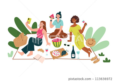 Women enjoying picnic in summer, happy female friends eating outside in park, vector composition with food, drinks, wine, fruit on picnic blanket, vector spring scene, wicker basket for outdoor lunch Women enjoying picnic in summer, happy female friends eating outside in park, vector composition with food, drinks, wine, fruit on picnic blanket, vector spring scene, wicker basket for outdoor lunch 113636972