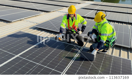 electric engineer team inspecting and check solar cell system. electric engineer team inspecting and check solar cell system. 113637169
