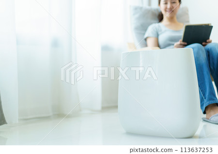 Happy Asian young woman turning on high efficiency air purifier while staying and relaxing in the living room. Woman using air purifier in her house. Happy Asian young woman turning on high efficiency air purifier while staying and relaxing in the living room. Woman using air purifier in her house. 113637253
