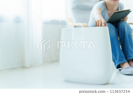 Happy Asian young woman turning on high efficiency air purifier while staying and relaxing in the living room. Woman using air purifier in her house. Happy Asian young woman turning on high efficiency air purifier while staying and relaxing in the living room. Woman using air purifier in her house. 113637254
