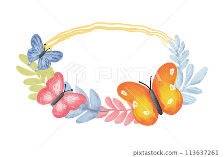Leaf wreath and butterflies with copy space for text. 113637261