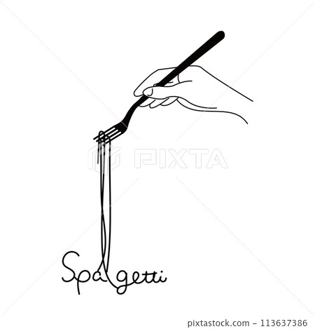 Monochrome illustration of a hand holding a fork with pasta in it Monochrome illustration of a hand holding a fork with pasta in it 113637386
