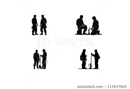 Fireman and plumber silhouette set, plumber wearing uniforms silhouette bundle 113637605