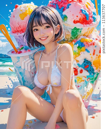 A woman in a swimsuit eating shaved ice at the beach A woman in a swimsuit eating shaved ice at the beach 113637707