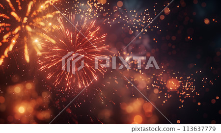 Independence Day banner with a close-up of fireworks illuminating the night sky, captured in a photorealistic and clean design 113637779