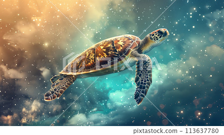 World Turtle Day banner with a photorealistic turtle swimming through an ocean of stars, merging fantasy with a clean, surrealistic approach 113637780
