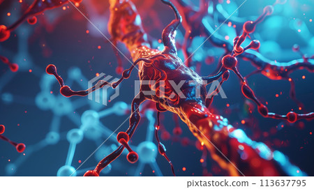 High-definition 3D model of clogged arteries, portrayed in front of a molecular structure background to represent scientific research High-definition 3D model of clogged arteries, portrayed in front of a molecular structure background to represent scientific research 113637795