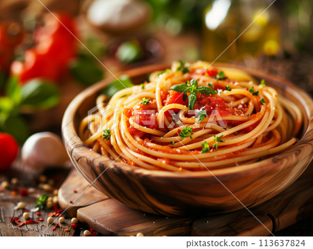 A wooden bowl of spaghetti with tomato sauce and basil on a wooden table 113637824