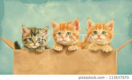Three cute kittens in a cardboard box 113637870