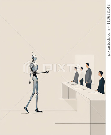 A simple illustration of an AI robot giving a presentation in front of a human businessman 113638148