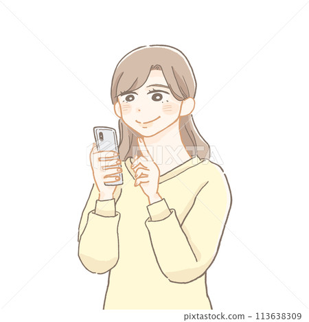 A smiling woman operating a smartphone A smiling woman operating a smartphone 113638309