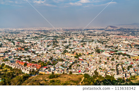 Panoramic aerial view of Mexico City from Cerro de la Estrella National Park Panoramic aerial view of Mexico City from Cerro de la Estrella National Park 113638342