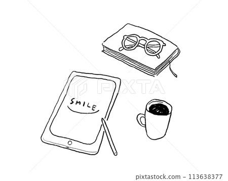 Tablet and coffee cup, book and glasses Tablet and coffee cup, book and glasses 113638377