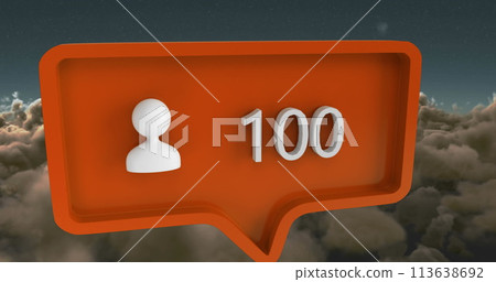 Image of people icon with numbers on speech bubble over sky and clouds Image of people icon with numbers on speech bubble over sky and clouds 113638692