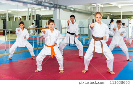 Young teenagers happy to attend karate class on self defense Young teenagers happy to attend karate class on self defense 113638693