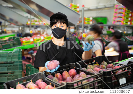 Food factory female worker in protective mask carries boxes of mango fruits at factory 113638697