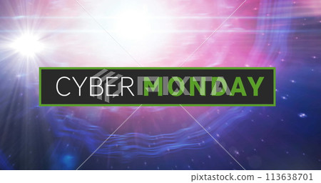 Image of cyber monday text on black banner over glowing light on pink to purple background 113638701