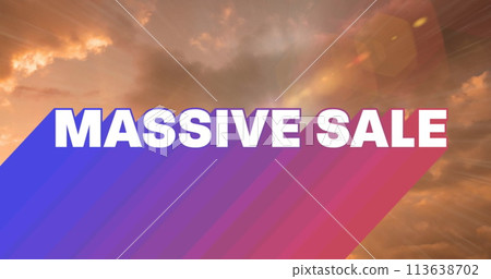 Image of retro massive sale white text with rainbow shadow over orange clouds in background 113638702