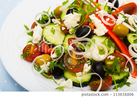 Shopska salad is tasty dish of Bulgarian cuisine Shopska salad is tasty dish of Bulgarian cuisine 113638806