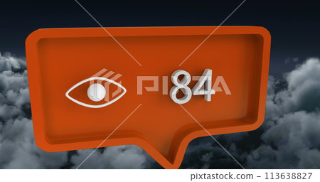 Image of eye icon with numbers on speech bubble over sky and clouds Image of eye icon with numbers on speech bubble over sky and clouds 113638827