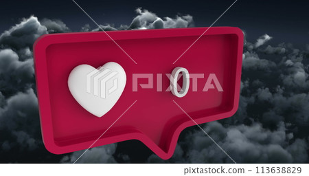 Image of heart icon with numbers on speech bubble over sky and clouds Image of heart icon with numbers on speech bubble over sky and clouds 113638829