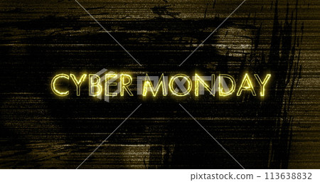 Image of cyber monday text in yellow neon over flickering lines on distressed background Image of cyber monday text in yellow neon over flickering lines on distressed background 113638832