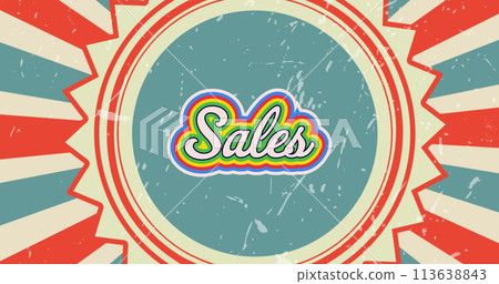 Image of sales text in rainbow outline over spinning retro blue and red stripes in background 113638843