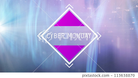 Image of retro cyber monday text in white frame over blue light trails in background 113638870