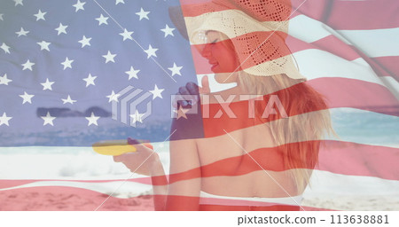 Image of flag of usa over caucasian woman on beach in summer 113638881