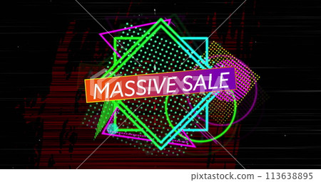 Image of massive sale text over purple banner on vibrant shapes on red flickering background Image of massive sale text over purple banner on vibrant shapes on red flickering background 113638895