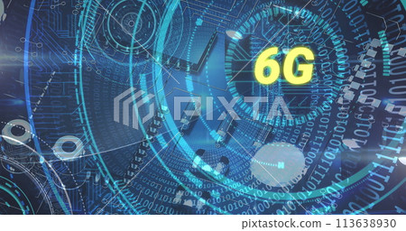 Image of 6g text, scope scanning over binary coding, circuit board of computer server 113638930