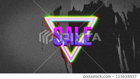Image of retro sale purple text over neon triangle on distressed grey background 113638937