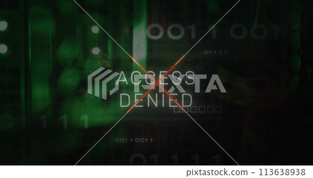 Access denied text and microprocessor connections against close up of a computer server 113638938
