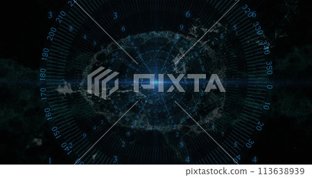 Blue spot of light and data processing over human brain and digital wave against black background 113638939