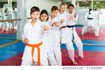 Kids in kimono standing in row in gym Kids in kimono standing in row in gym 113638962
