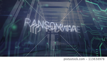 Image of ransomware text and data processing over server room 113638978