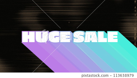 Image of retro huge sale text with rainbow shadow on flickering lines in background 113638979