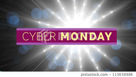 Image of cyber monday text on purple banner over glowing light on black background 113638986