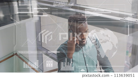 Image of data processing over african american man using smartphone 113639051