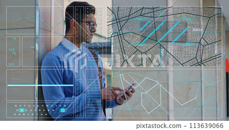 Image of data processing over biracial man using smartphone 113639066