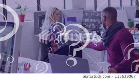 Image of question marks icons over diverse business people holding document Image of question marks icons over diverse business people holding document 113639067
