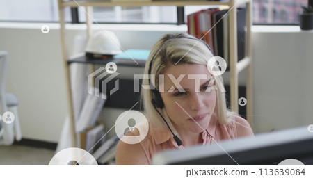Image of media icons over caucasian businesswoman using phone headset Image of media icons over caucasian businesswoman using phone headset 113639084